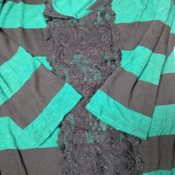 Vintage Y2K Daytrip Shirt Medium Green Black Strriped Deep V Neck Slim Lace Trim - Picture 14 of 14
